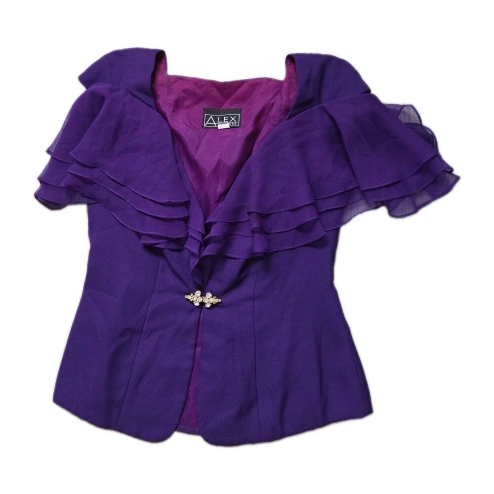 VTG Alex Evenings Purple Ruffle Chiffon Rhinestone Brooch Blazer Vest Size 6 EUC